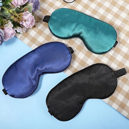 3 Pcs Sleep Mask, Silk Blackout Eye Mask Cover with Adjustable Strap, Satin Night Blindfold Eyeshade Nap for Men and Women Travel Sleeping (Black, Blue, Green)