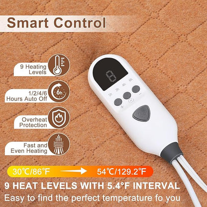 Heated Mattress Pad Mini Twin Size, 31.5" x 63" Electric Mattress Pad with Digital Controller, 9 Heat Settings, 1-6 Hours Auto Shut Off, Fast Heating, Machine Washable, Brown