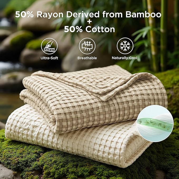 Bedsure Cooling Cotton Waffle Full Size Blanket - Lightweight Breathable Blanket of Rayon Derived from Bamboo for Hot Sleepers, Luxury Throws for Bed, Couch and Sofa, Light Brown, 80x90 Inches