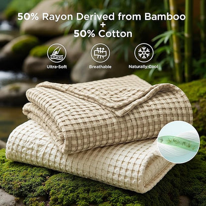 Bedsure Cooling Cotton Waffle Twin XL Blanket - Lightweight Breathable Blanket of Rayon Derived from Bamboo for Hot Sleepers, Luxury Throws for Bed, Couch and Sofa, Light Brown, 66x90 Inches