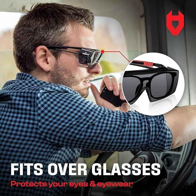 NoCry Tinted Safety Glasses Over Eyeglasses for Men and Women with Anti Scratch Wraparound Lenses — UV400 and ANSI Z87 Certified — Adjustable Temples with Anti-Slip Tips — Great for Shooting