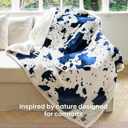 Heated Blanket Throw Blanket - Fast Heating Electric Blanket, Soft Flannel Heated Throw with 4 Time Settings,10 Heating Settings, Warm Gifts for Women & Mom & Grandma(50"x60"Cow Print Blue)