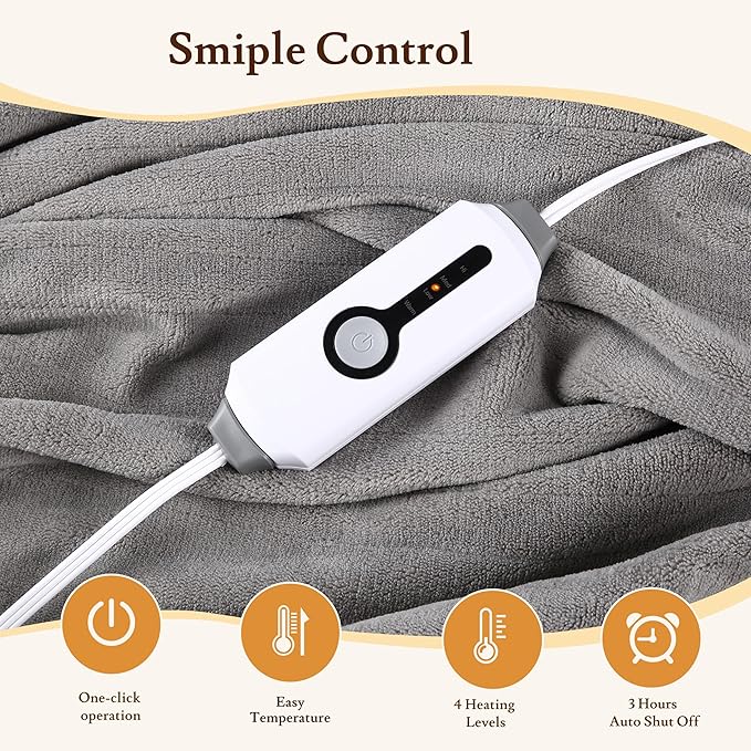 Electric Heated Blanket 50"x60" Throw Size Coral Fleece - 4 Heat Settings & 3H Auto Shut Off, Fast Heating, Machine Washable for Bed, Couch, Office - Light Gray
