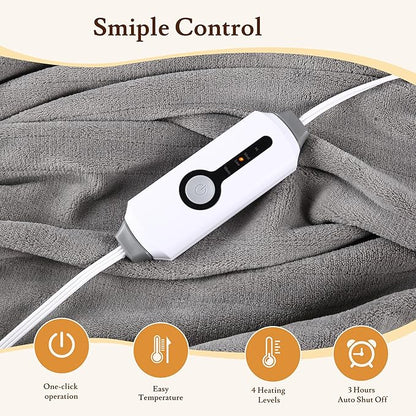 Electric Heated Blanket 50"x60" Throw Size Coral Fleece - 4 Heat Settings & 3H Auto Shut Off, Fast Heating, Machine Washable for Bed, Couch, Office - Light Gray