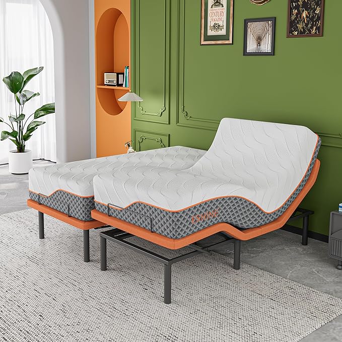 Split King Adjustable Bed Frame + 12” Hybrid Matt, Bed Base with Massage, Pillow-tilt, Smart APP Control, Ergonomic Incline, Zero Gravity, Dual USB Port, Under Bed Light, Wireless Remote, 5000 Series