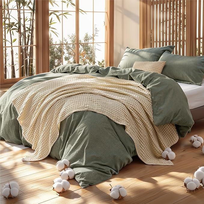 Bedsure 5 PCS Cotton Comforter Set with Cotton Waffle Throw Blanket - Olive Green Comforter Full Size, Pillow Shams, Beige Cooling Blanket of Rayon Derived from Bamboo for Hot Sleepers, Throw Pillow