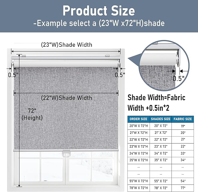 Cordless Roller Shades Blackout Blinds for Windows Room Darkening Rolled Up Shades with Spring System, UV Protection Natural Linen Fabric Window Shades Door Blinds for Home,16" W x 72" H, Heather Grey