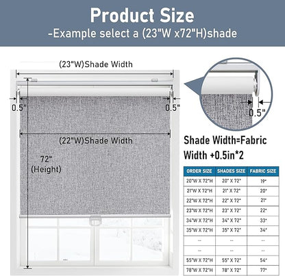 Cordless Roller Shades Blackout Blinds for Windows Room Darkening Rolled Up Shades with Spring System, UV Protection Natural Linen Fabric Window Shades Door Blinds for Home,49" W x 72" H, Heather Grey