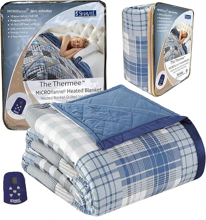 Thermee Micro Flannel Blanket Full Size Heated Blanket with 10 settings, Programable Heating Blanket, Luxuriously Soft Heated Throw Blanket,Rapid Heating Thermal Blanket,Warm Blanket-Ultramarine Plaid