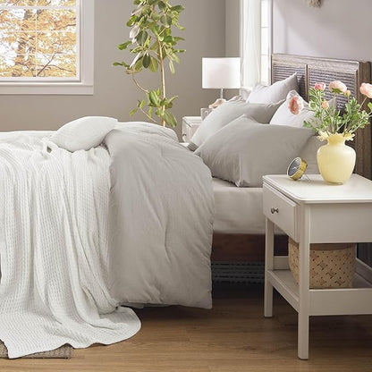 Bedsure 5 Pieces Cotton Comforter Set with Waffle Throw Blanket - Soft Breathable Bedding Set for All Seasons, Beige Comforter Full Size, Pillow Shams, White 100% Cotton Blanket, Throw Pillow