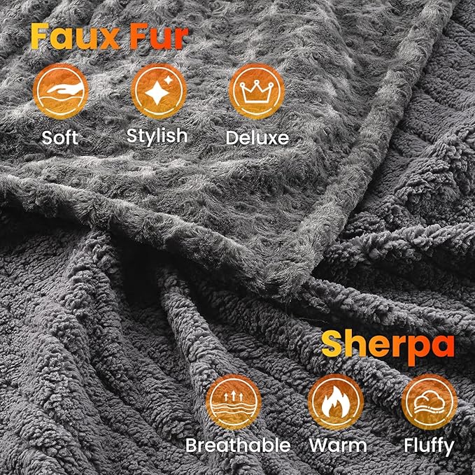WOOMER Heated Blanket King Size 100" x 90", Electric Blanket with Dual Controls, 0.5-12 Hours Timer & 10 Heating Levels, ETL Certified, Dark Grey Rose Patterns Faux Fur & Sherpa, Machine Washable