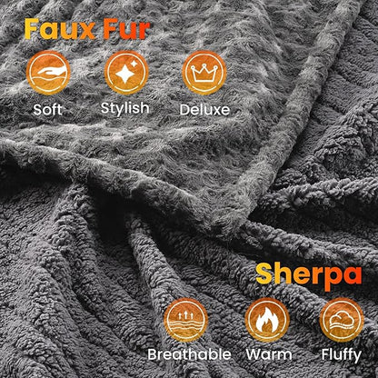 WOOMER Heated Blanket Queen Size 84" x 90", Electric Blanket with Dual Controls, 0.5-12 Hours Timer & 10 Heating Levels, ETL Certified, Dark Grey Rose Patterns Faux Fur & Sherpa, Machine Washable