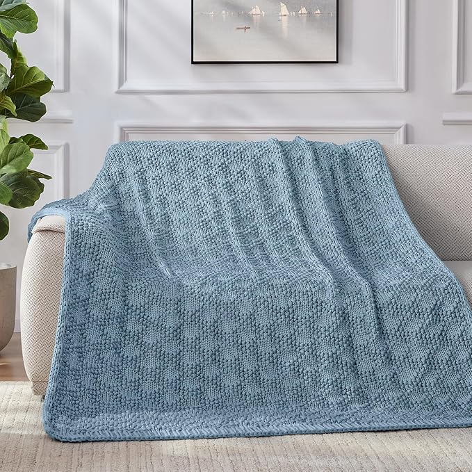 Knitted Weighted Blanket for Adult, Chunky Knit Weighted Throw for Sleep 50"*60" 10lbs, Cooling Breathable Heavy Blanket for Hot Sleepers, Machine Washable Blanket for Room Decor(HazeBlue)