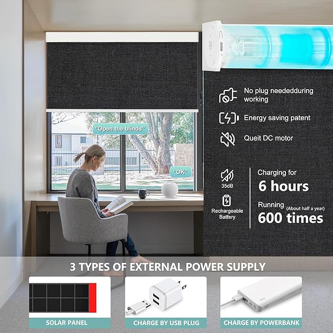 Aprilsmart Motorized Blinds with Remote,Compatible with Apple HomeKit Alexa Google Home- Voice and app Control,Motorized Roller Shades 100% Blackout Custom Size(Bermuda Basalt-24)