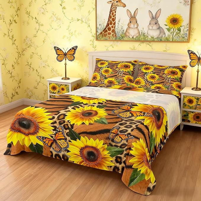 Manfei Brown Leopard Print Sheet Set Full Sunflower Butterfly Bedding for Kids Teens Room Decor,Plant Animal Soft Bed Sheet Set 4pcs with Deep Pocket Fitted Sheet + Flat Sheet + 2 Pillowcases