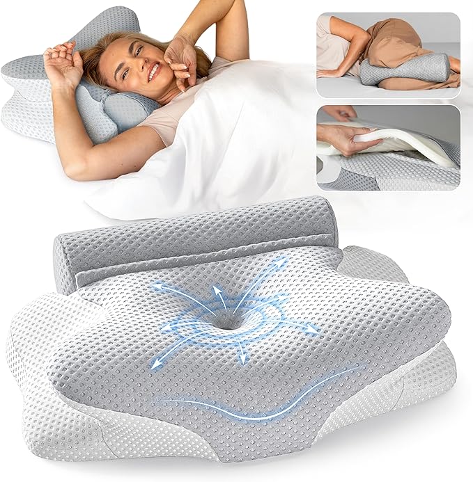 Cervical Neck Pillow for Sleeping, Dreamers Relief Pillow, Side Sleeper Pillow for Adults, Adjustable Height Memory Foam Pillow and Detachable Roll, Back & Stomach Sleeping Neck Pain Relief (Gray)