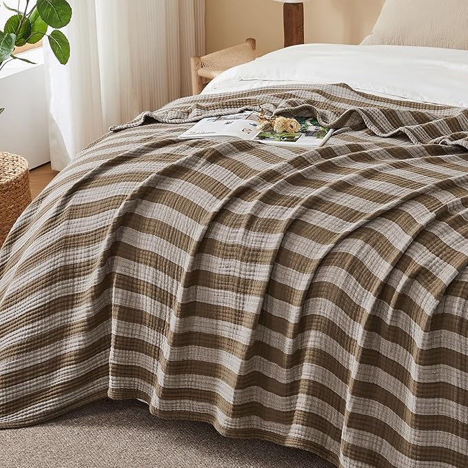 EMME Cotton Muslin Twin Blanket Breathable Gauze Soft Lightweight Adults Gifts for Women (Striped Brown, 60"x80")