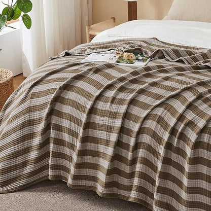 EMME Cotton Muslin Queen Blanket Bed Layering Bedspread Coverlet Breathable Gauze Soft Lightweight Adults (Striped Brown, 90"x90")