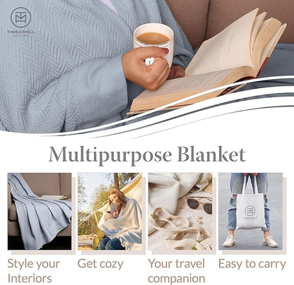 Threadmill Luxury Cotton Blankets for Twin Size Bed | All-Season 100% Cotton Twin Blanket for Bed | Herringbone Soft & Cozy Fall Thermal Blanket, 350GSM, 68x92 inches | Scottish Grey