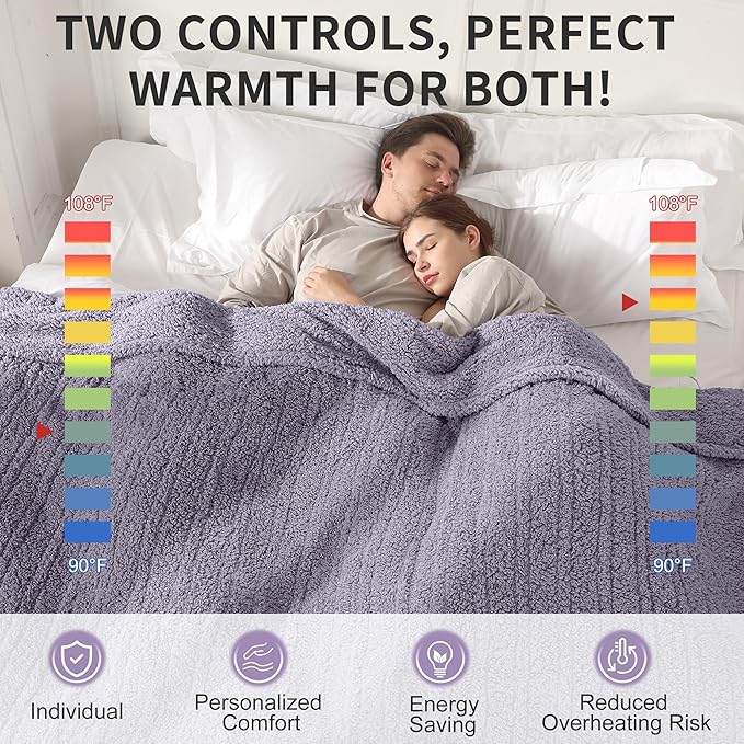 Dual Control Electric Blanket King 100"x90" - 5 Heating Levels 10H Auto Off Oversized - Luxury Purple Bedding for Spacious Rooms, ETL Certified | Gray Violet
