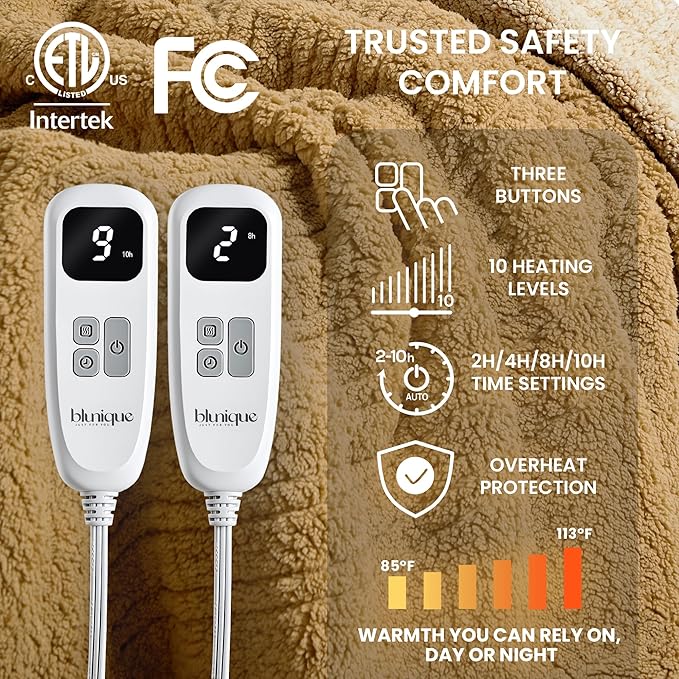 Heated Blanket Electric Blanket Queen - Fast Heating Blanket Throw Dual Controllers Double Sided Sherpa with 10 Heating Levels & 2-10 Hours Auto Off, Mashine Washable, 84 x 90 Inches, Camel