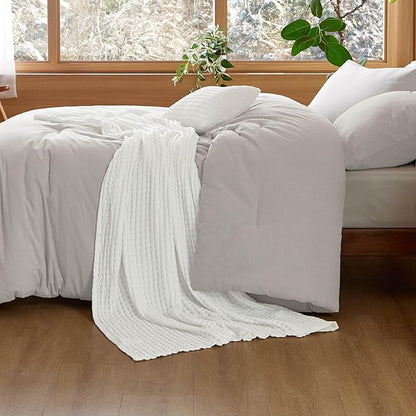 Bedsure 5 Pieces Cotton Comforter Set with Cotton Waffle Throw Blanket - Beige Comforter Full Size, Pillow Shams, White Cooling Blanket of Rayon Derived from Bamboo for Hot Sleepers, Throw Pillow