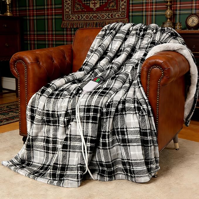 Electric Heated Blanket 62"x84",Fast Heating Twin with 8 Hours Auto Off/8 Heats Levels,Soft Grey Plaid Sherpa Electric Blanket with ETL Certification & Over-Heat Protection