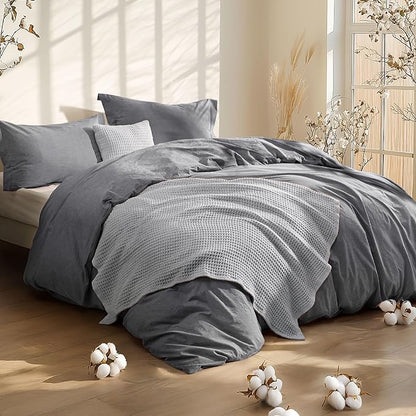Bedsure 5 PCS Cotton Comforter Set with Waffle Throw Blanket - Soft Breathable Bedding Set for All Seasons, Dark Grey Comforter King Size, Pillow Shams, Grey 100% Cotton Blanket, Throw Pillow