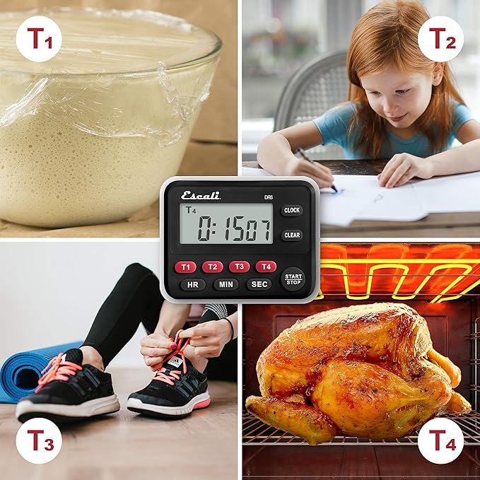 Escali Multi-Task Four Event Digital Kitchen Timer with Clock Mode, Magnetic Back, Overtime Counter (Pack of 2)