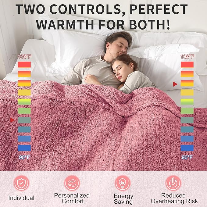 King Size Heating Blanket Dual Zone 100x90-5 Heat Settings 10H Timer Machine Washable - Romantic Pink Gift for Anniversary, Overheat Protection | Rose Pink