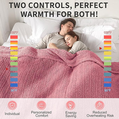 King Size Heating Blanket Dual Zone 100x90-5 Heat Settings 10H Timer Machine Washable - Romantic Pink Gift for Anniversary, Overheat Protection | Rose Pink