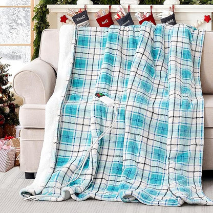 Electric Heated Blanket 50"x60",Fast Heated Throw with 8 Hours Auto Off/8 Heats Levels,Soft Blue Plaid Sherpa Electric Blanket with ETL Certification & Over-Heat Protection