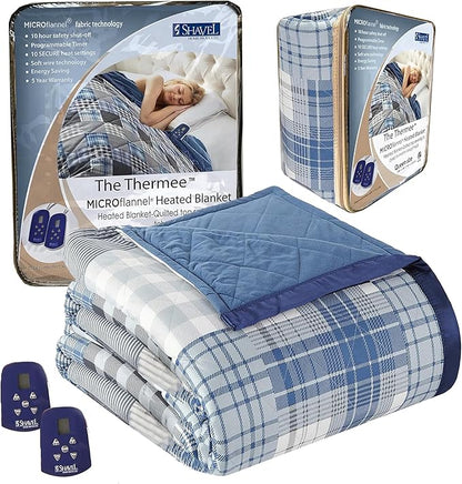 Thermee Micro Flannel Heated Blanket Queen Size, 10 Settings, Programmable, Luxuriously Soft, Rapid Heating, Warm - Ultramarine Plaid
