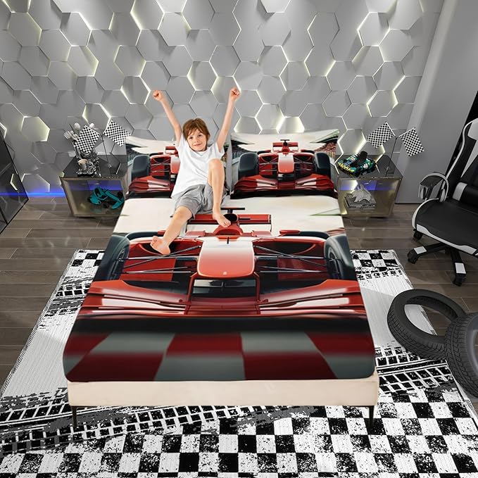 Manfei 3D Red Formula Car Bedding Set Twin Size Cool Racing Car Bed Set for Teens Bedroom Decor Kids Sheet Microfiber Racing Speed Sport Bed Cover(1 Fitted Sheet+1 Pillow Case) No Flat Sheet