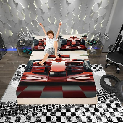 Manfei Cool Racing Car Fitted Sheet,Full Size Racing Speed Sport Collections,3D Red Formula Car Bedding Deep Pocket for Children Teens Young with 2 Pillowcases No Flat Sheet