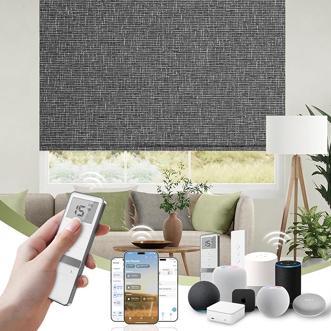 FineTell Motorized Blinds with Remote, 100% Blackout Roller Shades Compatible with Alexa,Apple Homekit,Google Home APP and Voice Control, Customized Electric Blinds (100% Blackout Classic Dark Grey)