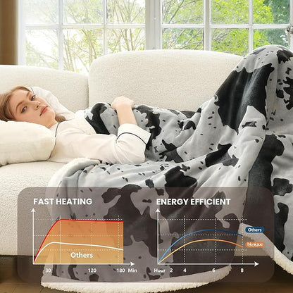 Heated Blanket Twin Blanket - Fast Heating Electric Blanket, Soft Flannel Heated Twin with 4 Time Settings,10 Heating Settings, Warm Gifts for Women & Mom & Grandma(62"x84"Cow Print Grey)