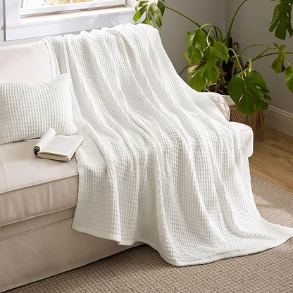 Bedsure 5 Pieces Cotton Comforter Set with Waffle Throw Blanket - Soft Breathable Bedding Set for All Seasons, Beige Comforter King Size, Pillow Shams, White 100% Cotton Blanket, Throw Pillow