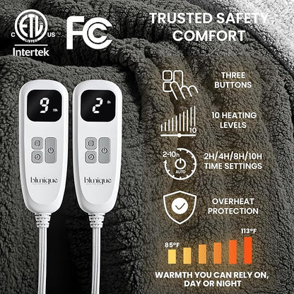Heated Blanket Electric Blanket King - Fast Heating Blanket Throw Dual Control Double Sided Sherpa with 10 Heating Levels & 2-10 Hours Auto Off, Mashine Washable, 90 x 100 Inches, Grey