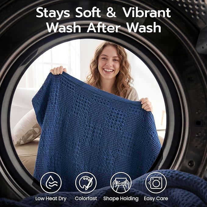 Joiedomi Cooling Waffle Blanket - Turkish Cotton Twin XL Size Soft Navy Blanket, Summer Breathable of Rayon Derived from Bamboo for Hot Sleepers, Luxuries Throw for Bed, Couch and Sofa, 66x90 Inches
