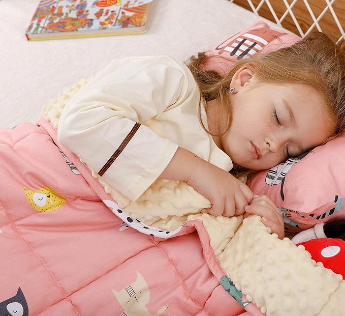 Uttermara Weighted Blanket 7 lbs, Ultra Cozy Minky Fleece and Cotton Sided with Cartoon Patterns, Reversible Heavy Blanket Great for Calming and Sleeping, 36x48 inches, Pink Cat