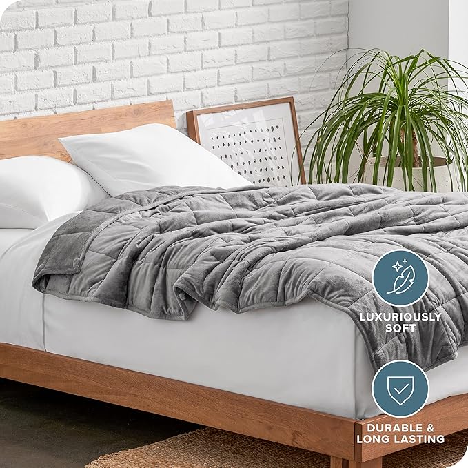 Bare Home Weighted Blanket Full or Queen Size 12lb (48"x72") for Adults - Minky Fleece - Premium Heavy Blanket Nontoxic Glass Beads (Light Grey, 48"x72")