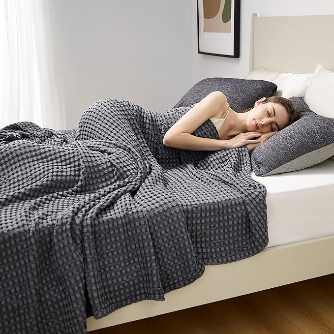 Bedsure Cooling Cotton Waffle Queen Size Blanket - Lightweight Breathable Blanket of Rayon Derived from Bamboo for Hot Sleepers, Luxury Throws for Bed, Couch and Sofa, Dark Grey, 90x90 Inches