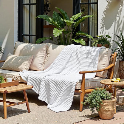 Bedsure Cooling Cotton Waffle Weave Blanket - Lightweight Breathable Blanket of Rayon Derived from Bamboo for Hot Sleepers, Luxury Throws for Bed, Couch and Sofa, White, 50x70 Inches