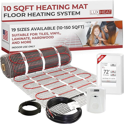 LuxHeat 10sqft Floor Heating Mat Kit - 120v Underfloor Heating System - Electric Radiant Heated Flooring System for Tile & Laminate - Includes UWG4 WiFi Programmable Thermostat w/GFCI, Alarm & Sensor