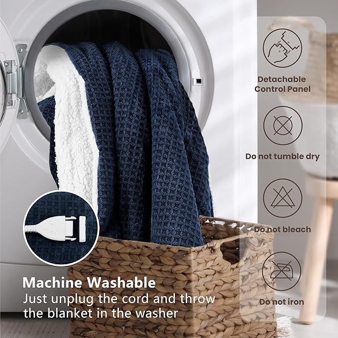 Heated Blanket Electric Blanket King Waffle,90x100 Inches Sherpa Fleece Fast Heating Blanket 6 Heating Levels & 10 Hours Auto Off ETL Certification, Navy King