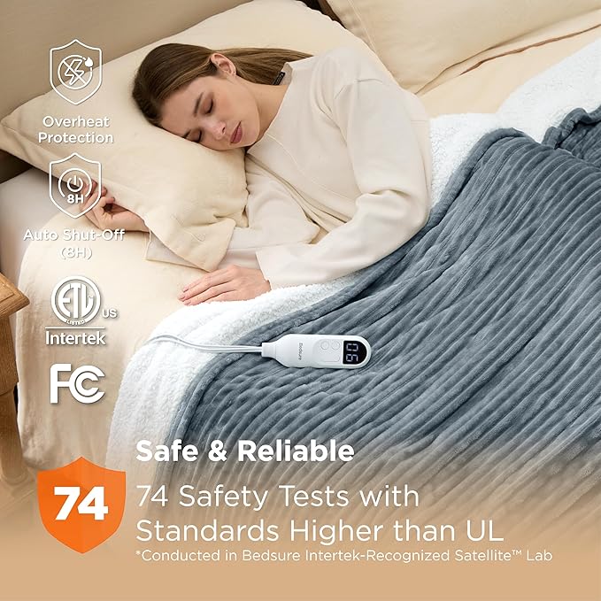 Bedsure GentleSoft Electric Blanket Full Size - Soft Ribbed Flannel Heated Blanket with 6 Heat Levels, Heating with 10 Time Settings, 8 hrs Timer Auto Shut Off, Gifts for Grandma (72x84 inches, Grey)