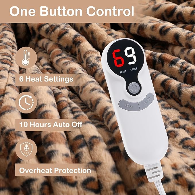 Electric Heated Blanket Twin Size 62"x84", Fast Heating, Soft Plush Microplush for Bed & Sofa, 1-10Hs Auto Off & 6 Heating Levels, Machine Washable, Gifts for Family-Brown Leopard Print