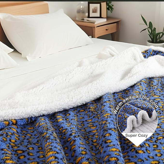 Electric Heated Blanket Full Size 72"×84" with 9 Heating Levels & 1-10Hs Auto Off, Plush Sherpa, Energy Efficient, Machine Washable, for Couch & Bed, Leopard Print Blue & Yellow