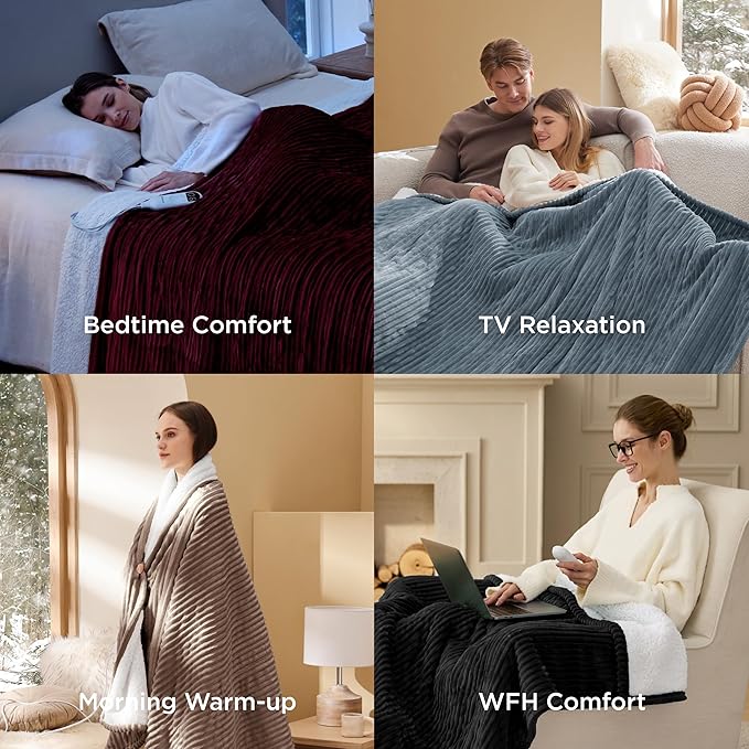 Bedsure GentleSoft Electric Blanket Twin - Soft Ribbed Flannel Heated Blanket, Heating with 10 Time Settings, 6 Heat Settings, and 8 hrs Timer Auto Shut Off, Gifts for Grandma (62x84 inches, Black)
